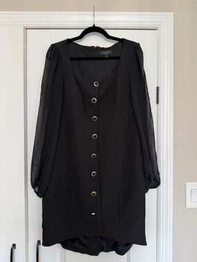 Laundry By Shelli Segal Black Long-Sleeve Sheer Sleeve Button Dress